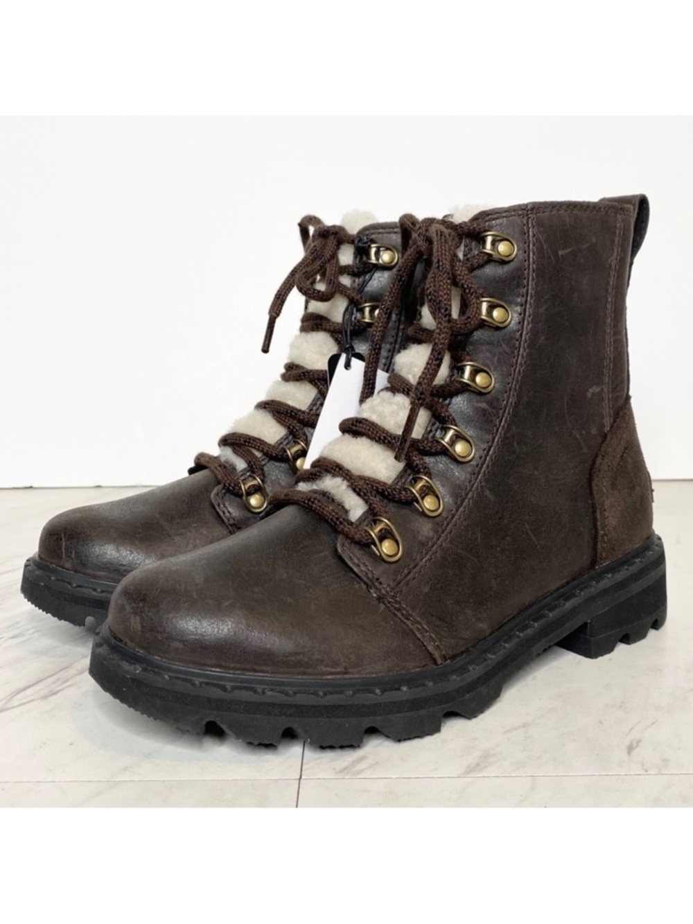 Sorel Lennox Lace Up Fur Leather Brown Boot 6